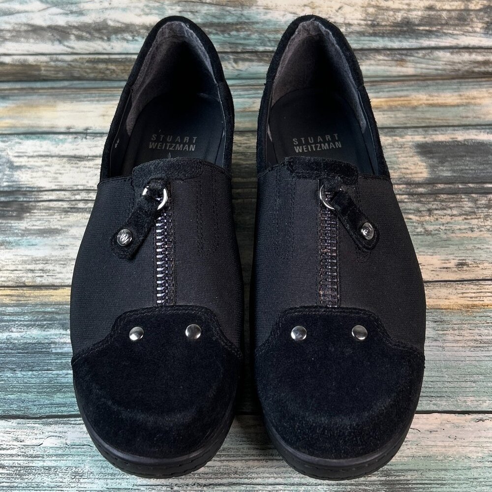 Stuart Weitzman Wedge Heel Loafers Womens Size 6M Black Suede Fabric Dress Shoes